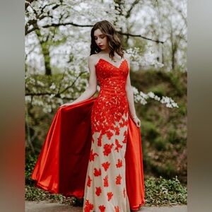 Sherri Hill Red and Nude Lace Prom Dress